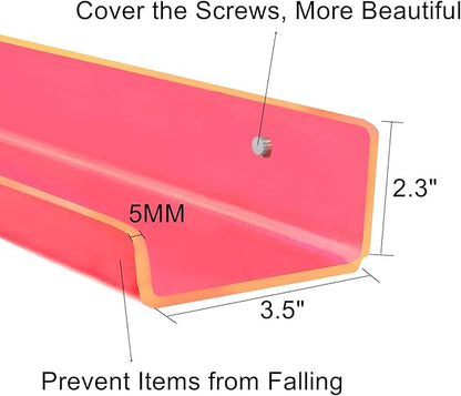 ROYALITA 24 Inches Acrylic Floating Book Shelves Wall Mounted Set of 2, Wall Hanging Plant Display Shelves, Room Decor Floating Wall Shelves for Gaming Room, Bedroom, Living Room, Office, Pink
