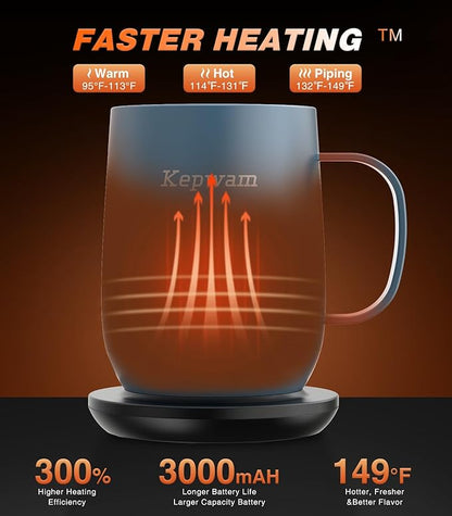 Kepwam Self Heating Coffee Mug T2, 16oz Smart Heated Coffee Mug, 150 Min Battery Life - Hot up to 149℉ Temperature Control Coffee Mug Warmer, Gifts for Dad Mom (No APP)