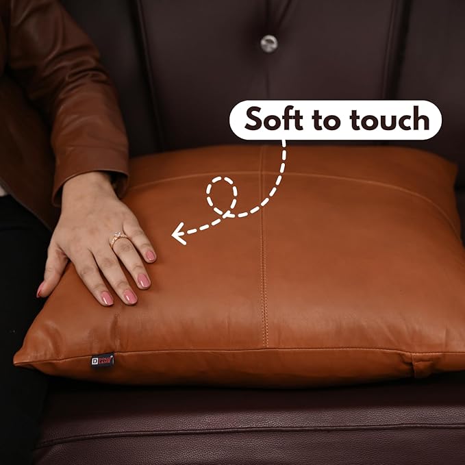 D DOLLY LAMB Lambskin Leather Pillow Cover - Sofa Cushion Case - Decorative Throw Covers for Living Room & Bedroom, 16x16 Inches - Camel Antique Plain