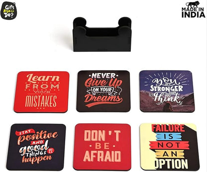 GKD Wooden Coasters for Drinks, Motivational MDF Wooden Coasters Set of 6 with Holder, 3.8 inches Eco-Friendly Absorbent Coaster for Coffee Table, Office, Bar, Drinking Glasses, Tabletop Protection