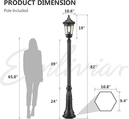 Emliviar 82 Inch Outdoor Post Light Hard Wired, Exterior Water Ripple Glass Street Light Fixture for Garden in Black Finish, E26 Base 100W Max, XE304PL BK-SW