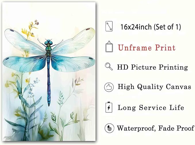 Watercolor Dragonfly Canvas Wall Art Teal Dragonfly Picture Animal Paintings Watercolor Insect Poster Vintage Insect Canvas Flowers Picture Retro Abstract Living Room Decor 16x24inch No Frame