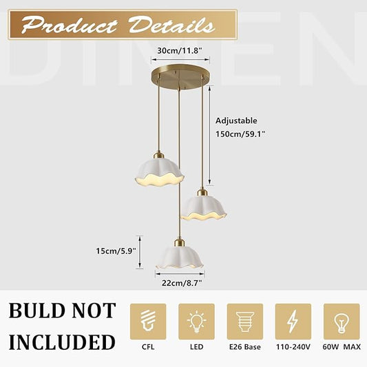 3-Light Pendant Light Modern Industrial Farmhouse Kitchen Island Light Brushed Brass Adjustable Hanging LampFixture White Ceramic Lights Fixture Nordic Glass Hanging Lamp MPL11-3R GD
