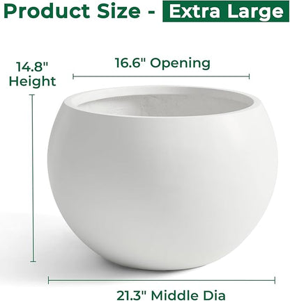 21.3" D Fiberstone Extra Large Planter, 16.6" Pot Opening x 14.8" H, Spherical Flower Pot with Drainage Hole, Weather Resistance Indoor Outdoor Planters, White