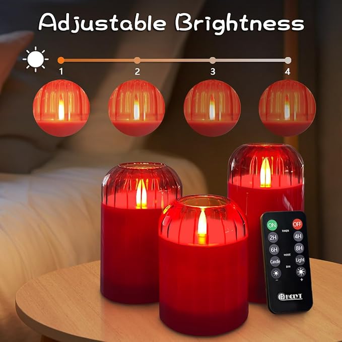 Rechargeable Flameless Candle, Flashing LED Pillar Real Wax Candle with Remote Control and Timer, Red Glass Electronic Candles for Room Decoration, 1 Set of 3