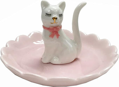 ROSA&ROSE Cat Ring Holder Trinket Tray Ceramic Jewelry Dish Porcelain Ring Organizer Gift for Women, Girlfriend or Valentine's Day (White/Pink)