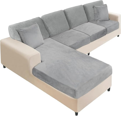 NAISI Sectional Couch Covers 8 Pieces Velvet Couch Cushion Covers L Shape Soft Stretch Sofa Slipcovers with 2pcs Pillowcases for Left/Right Chaise Sectional Couch(3 Seater+1 Chaise+4 Back,Light Grey)