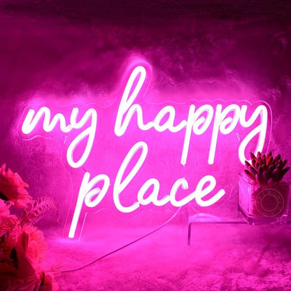 SYLHOME Pink My Happy Place LED Neon Light Sign USB Girls Babys Bedroom Living Room Kitchen Wall Decor Sign Wedding Birthday Party Sign Christmas Gifts 15.8" X 11.2" 5V Teens