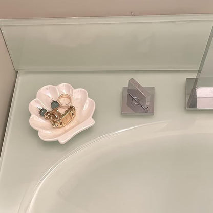 Shell Ceramic Trinket Dish, Cute Ring Earrings Holder Jewelry Tray, Organizer Plate Home Decorations for Bathroom, Bedroom and Dresser Accessories