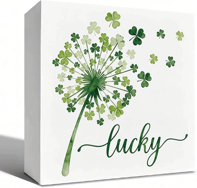 St Patrick's Day Table Decor Lucky Shamrock Wooden Box Sign, Minimal Irish Themed Tabletop Decor for Home Shelf Desk Entryway, Farmhouse Holiday Wooden Decoration for Spring Display 5 x 5 Inches