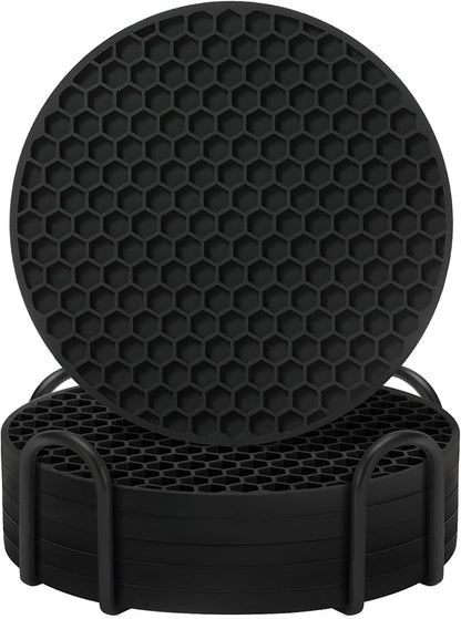 Coasters Set of 6 with Holder,Coasters for Drinks,Coffee Table Decor Coaster,Suitable for Kinds Cups,Anti-Slip,Non-Stick,Silicone Cup Coaster and Living Room Decor (6 Pcs, Black)