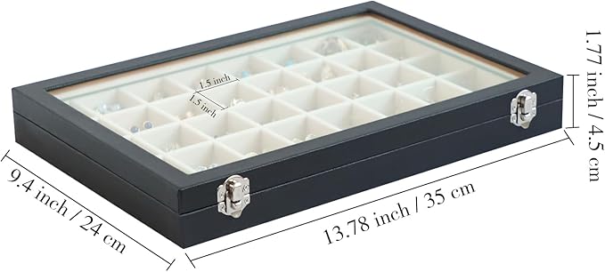 Stratalife Jewelry Organizer 40 Grid Beige Black Jewelry Tray with Clear Dust-proof Lid Velvet Earring Organizer Necklace Rings Holder Display Drawer Storage Case for Women