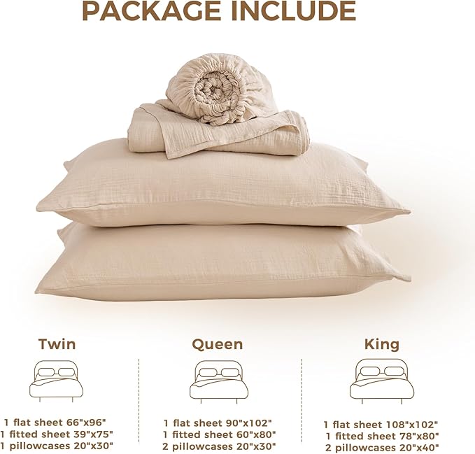 King Sheet Set Cotton Bed Sheets Gauze 4 Pcs Linen King Sheets Set 16" Deep Pocket Sheet & Pillowcase Sets Boho Muslin King Sheets Soft King Bedding Sets for All Season