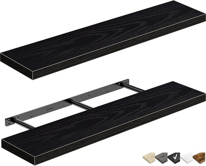 QEEIG Floating Shelves for Wall 35.4" Long - Wall Mounted Shelf Bathroom Kitchen Living Room Bedroom Farmhouse Home Decor Display Bookshelf Large 35.4 x 9.3 inch Set of 2, Black (008-90B)