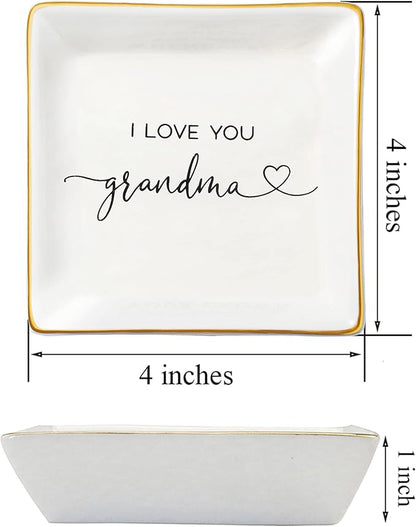 JoycuFF Grandma Gifts, Birthday Mothers Day Gifts for Grandma, Ceramic Trinket Dish Tray Jewelry Ring Earring Organizers Thanksgiving Day Christmas Grandmother Present