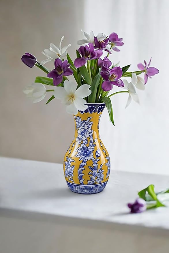 Blue and Yellow Ceramic Vase, 11" Tall Chinoiserie Vase in Wide Mouth, Royal-Inspired Vintage Flower Vases Decorative Vases for Home Decor, Table Centerpiece, Living Room, Dining Room, Entryways Decor