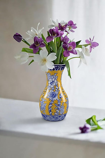 Blue and Yellow Ceramic Vase, 11" Tall Chinoiserie Vase in Wide Mouth, Royal-Inspired Vintage Flower Vases Decorative Vases for Home Decor, Table Centerpiece, Living Room, Dining Room, Entryways Decor