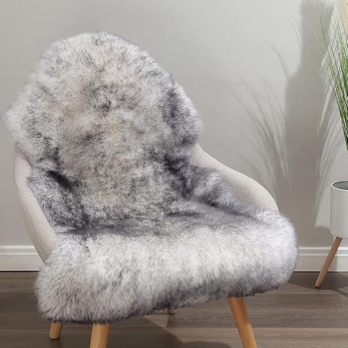 Premium Genuine Fur Sheepskin Rug Real Australia Sheepskin Natural Luxury Fluffy Lambskin Fur Area Rug Seat Covers for Kids Bedroom Sofa Chair Cover (Gray Tip, Single Pelt/2ft x 3ft)