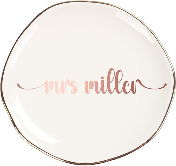 Personalized Ceramic Gold Trim Jewelry Tray Bridesmaid Wedding Engagement Gifts Jewelry Dish Decorative Trinket Custom Ring Dish With Name Couple Initials (Style E)