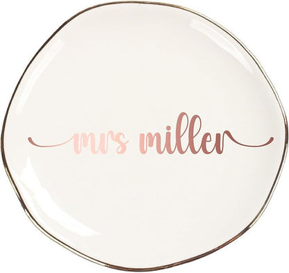 Personalized Ceramic Gold Trim Jewelry Tray Bridesmaid Wedding Engagement Gifts Jewelry Dish Decorative Trinket Custom Ring Dish With Name Couple Initials (Style E)