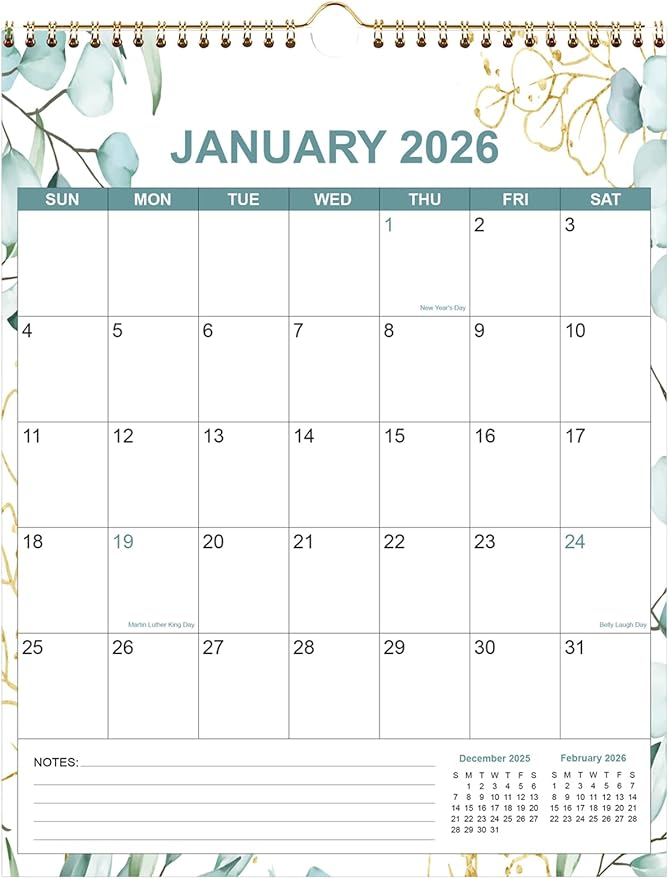 2026 Calendar - Calendar 2026 from January 2026 - December 2026, 12 Months Calendar/Planner with Thick Paper, 12" x 14.5", Vertical, Leaf