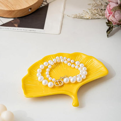 Ceramic Jewelry Tray Trinket Dish, Jewelry Dish for Women, Ginkgo Leaf Ceramic Plate, Ring Dish Holder for Earrings Necklace Organizer, Mother's Day Christmas Birthday Gift