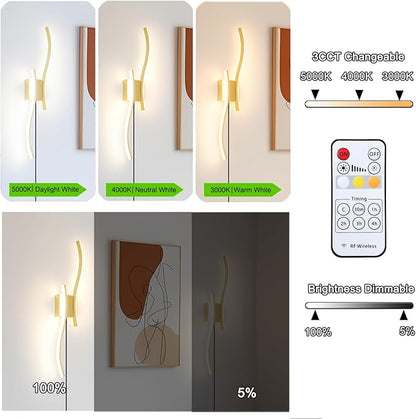Modern Plug in Wall Sconce Set of 2, Gold Dimmable LED Wall Light with Remote Control, 3CCT Adjustable & Memory Function, Timer, Plug in Cord Wall Lamp for TV Wall Living Room Hallway Bedroom