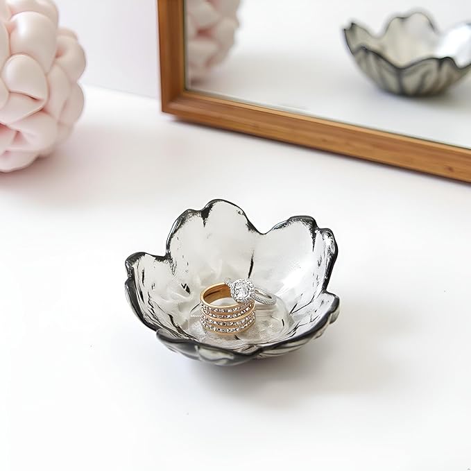 Crystal Black Flower Ring Dish Jewelry Tray, Decorative Glass Trinket Dish, Modern Accent Tray for Vanity