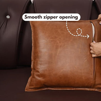 D DOLLY LAMB Lambskin Leather Pillow Cover - Sofa Cushion Case - Decorative Throw Covers for Living Room & Bedroom, 16x16 Inches - Tan Orange Box Pack of 2