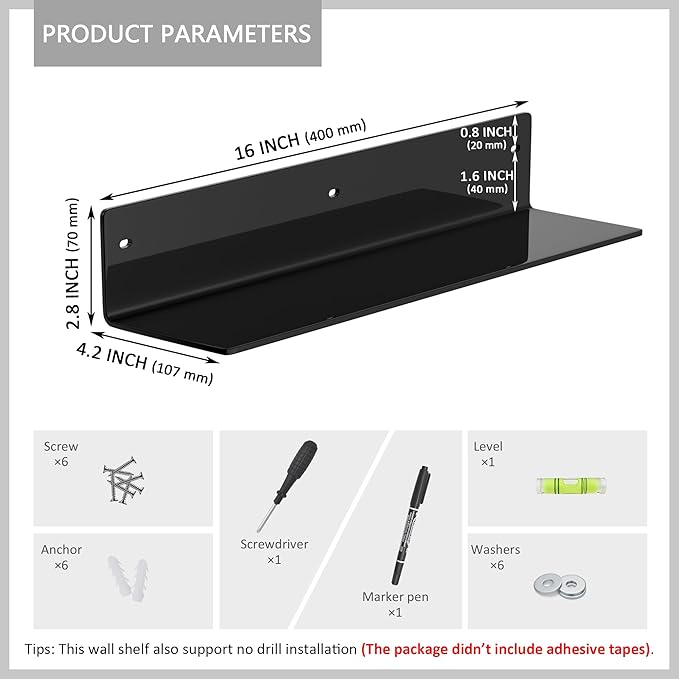 Sezanrpt 16 Inches Black Acrylic Wall Shelves 2 Pack, L Shape Floating Shelf, Acrylic Corner Shelf for Model Car, Candle, Calendar, Towel, Toiletries, Moisture-Proof, 4'' Depth