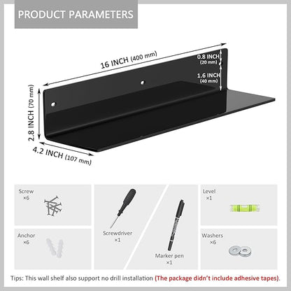 Sezanrpt 16 Inches Black Acrylic Wall Shelves 2 Pack, L Shape Floating Shelf, Acrylic Corner Shelf for Model Car, Candle, Calendar, Towel, Toiletries, Moisture-Proof, 4'' Depth