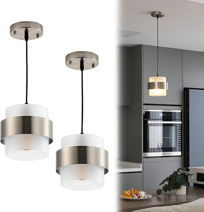Pendant Lights Kitchen Island Lighting, 2 Pack 7 Inch Mini Glass Haning Lights for Entrance Aisle Decorative Lighting Fixture for Dining and Bar Table (Brushed Nickel with Frosted White)