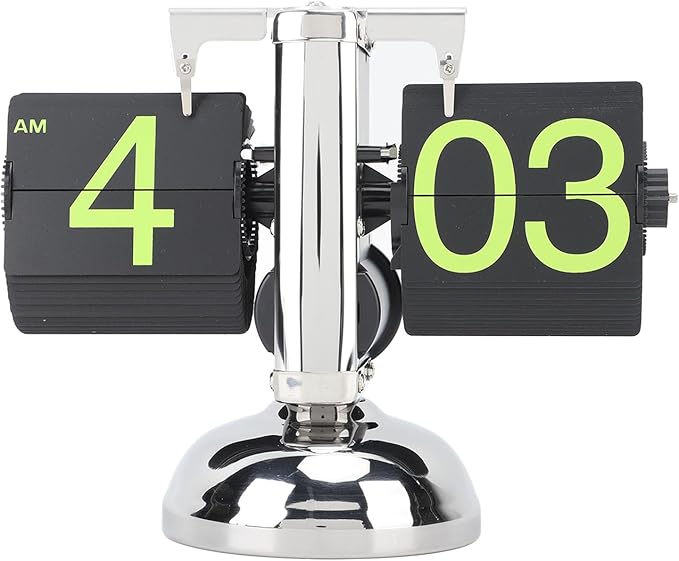 FOSA Flip Clock Retro Mechanical Digital Minimalist 12H Battery Operated Stainless Steel Desk Clock for Home Office Living Room (Stainless Steel Green Number)