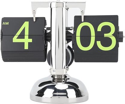 FOSA Flip Clock Retro Mechanical Digital Minimalist 12H Battery Operated Stainless Steel Desk Clock for Home Office Living Room (Stainless Steel Green Number)