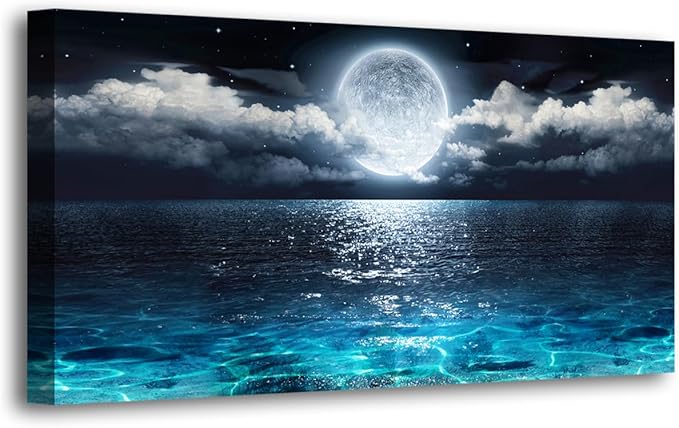 Wall Art Moon Sea Ocean Landscape Picture Canvas Wall Art Print Paintings Modern Artwork for Living Room Wall Decor and Home Décor Framed Ready to Hang,Waterproof Artwork-70x35inches