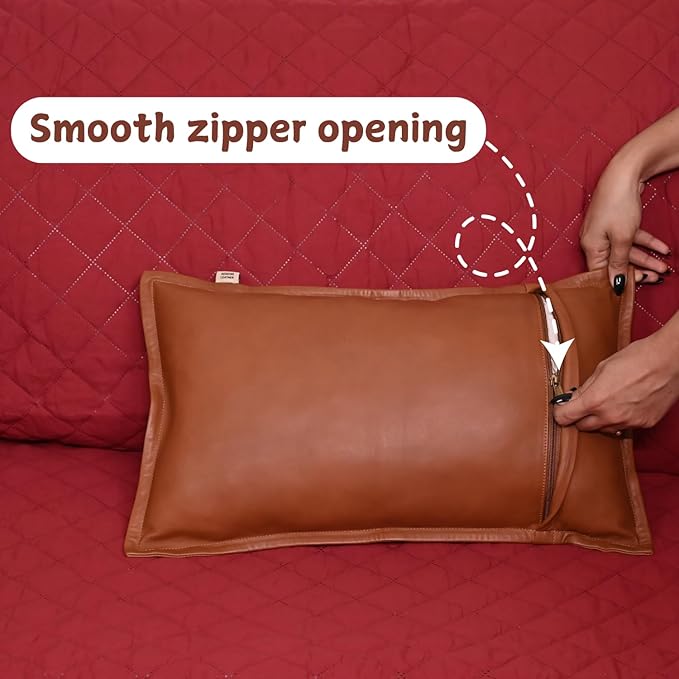 100% Lambskin Leather Pillow Cover - Sofa Cushion Case - Decorative Throw Covers for Living Room & Bedroom, 10X18 Inch - Camel Antique Box Pack of 2