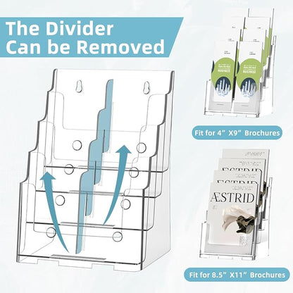 Acrylic Brochure Holder 8.5 x 11 inch, 4 Tier Magazine Stand Clear Literature Organizer Pamphlet Holder with Removable Divider for 4 x 9 inch Brochures for Wall Mount or Desktop