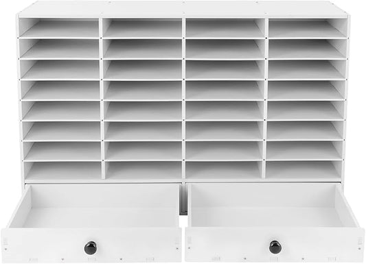 Literature Organizer with 32 Compartments | Adjustable Desktop File Sorter Mail Center for Home, Office & Classroom | PVC Paper Storage Cabinet with 2 Drawers and Shelves, White