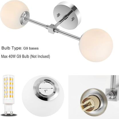 Modern Wall Sconce 2-Lights Industrial Mid Century Bathroom Vanity Wall Light with White Globe Glass Lampshade Brushed Chrome Finished Lighting Fixture (Chrome Color)