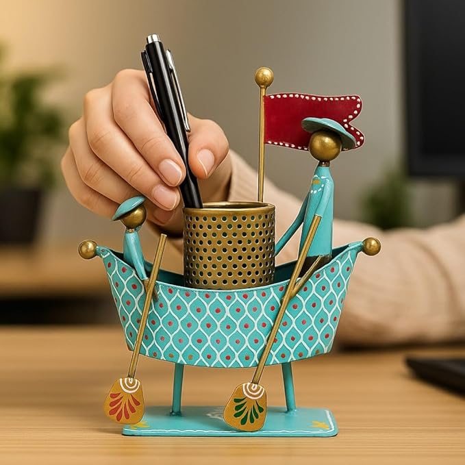 Handmade Metal Boat Pen Stand for Desk – Artistic Tribal Pen Holder Organizer for Office & Home Décor – Decorative Tabletop Accessory for Stationery Storage (Turquoise & Gold)