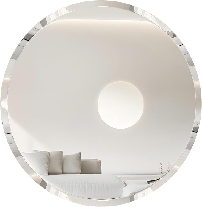 Frameless Round Wall Mirror: Decorative Mirrored Glass Vanity with Beveled Silver Edge for Bathroom Bedroom Livingroom Dining Room Entryway Hallway, 24 x 24 inch