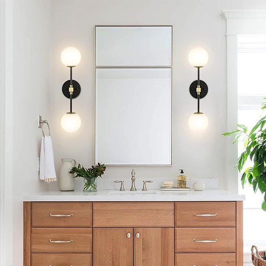 Modern Wall Sconce 2-Lights Industrial Mid Century Bathroom Vanity Wall Light with White Globe Glass Shade Gold & Black Finished Lighting Fixture