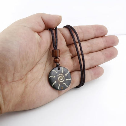 Handmade Black Bull Bone Pendant Necklace, Traditional Tribal Design, Wooden Beads, Adjustable Braided Rope, 24 Inch, Surfer Style