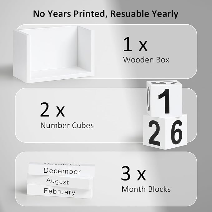 Wooden Block Calendar for Desk, Small Size Daily Desktop Perpetual Desk Calendar, Cute Date Display Desk Accessories for Home Office Decor, Teacher, Classroom, Reusable Yearly, White