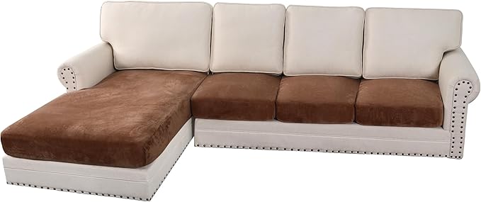 H.VERSAILTEX Velvet Stretch Sectional Couch Covers 4 Pieces Sofa Seat Cushion Covers L Shape Separate Cushion Couch Chaise Cover for Both Left/Right Couch (Large Sofa 3 Seater + 1 Chaise, Caramel)