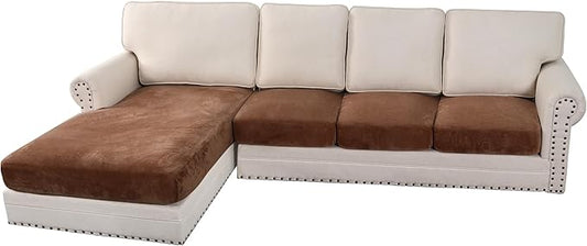 H.VERSAILTEX Velvet Stretch Sectional Couch Covers 4 Pieces Sofa Seat Cushion Covers L Shape Separate Cushion Couch Chaise Cover for Both Left/Right Couch (Large Sofa 3 Seater + 1 Chaise, Caramel)