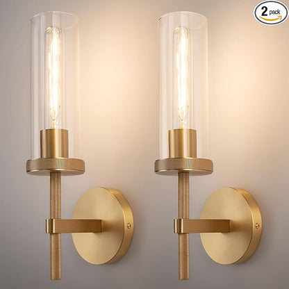 15" Knurled Brass Wall Sconces Set of 2, Gold Bathroom Vanity Light Fixtures with Clear Glass Tube, Modern Lamp Lighting for Bedroom, Living Room, Hallway, Staircase, Mirror, Kitchen