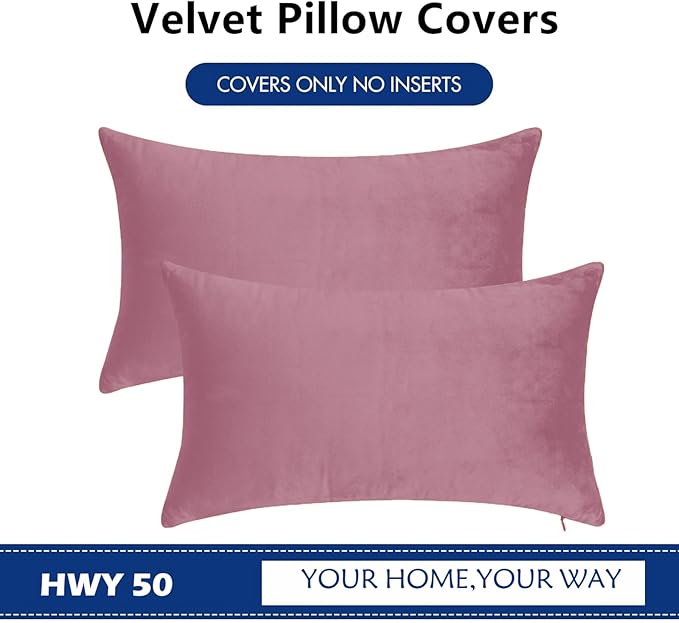 HWY 50 Purple Pink Velvet Rectangular Throw Pillow Covers 12x20 Inch, Pack of 2 Soft Cozy Solid Decorative Luxury Cushion Cases for Couch Sofa Bed Living Room Bedroom