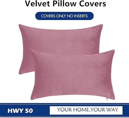 HWY 50 Purple Pink Velvet Rectangular Throw Pillow Covers 12x20 Inch, Pack of 2 Soft Cozy Solid Decorative Luxury Cushion Cases for Couch Sofa Bed Living Room Bedroom
