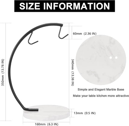 Livabber Banana Holder with Marble Base, Metal Banana Hanger Modern Tree Stand with Hook, Stylish Banana Keeper Fresh Fruit Storage Organizer Freestanding for Kitchen Countertop (Black, Double Hook)